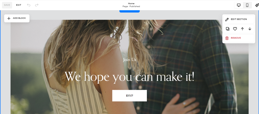 Screenshot of a Squarespace wedding page showcasing an "RSVP" button for guests