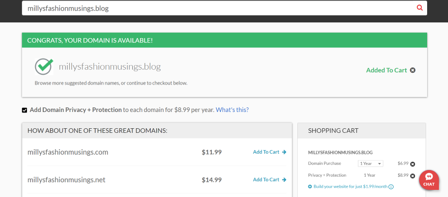 Congratulations message for available domain 'millysfashionmusings.blog' with cart addition option and price information.