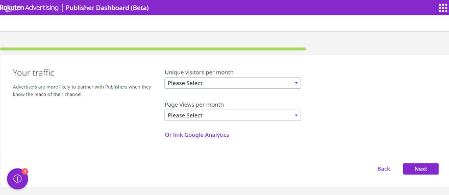 Screenshot of Rakuten Advertising Publisher Dashboard showing options for tracking unique visitors and page views or linking Google Analytics.