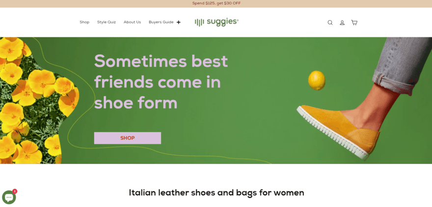 foot wearing shoe made by Suggies kicking a lemon beside text saying sometimes best friends come in shoe form on Suggies website homepage