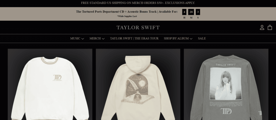 Taylor Swift website showing merchandise for sale