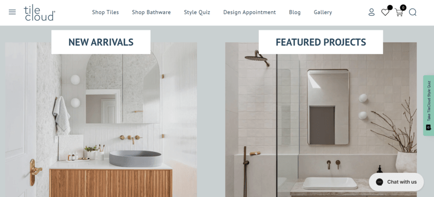 Homepage for TileCloud showing new arrivals and featured products