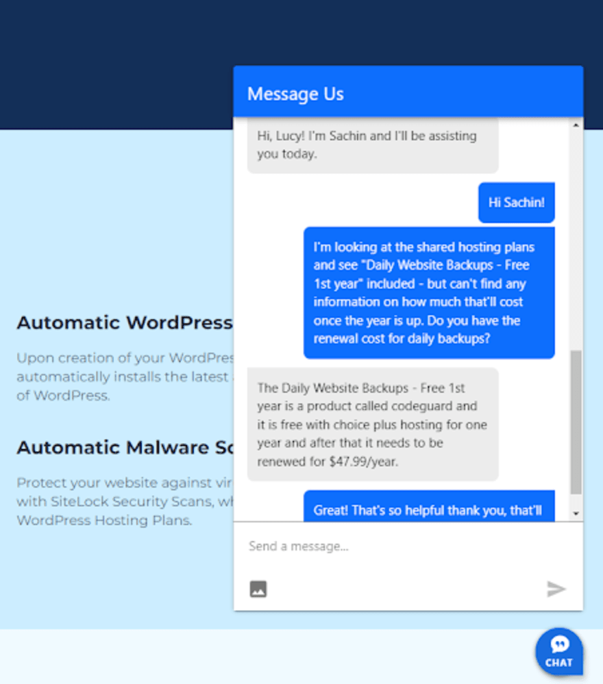 Bluehost help and support live chat example