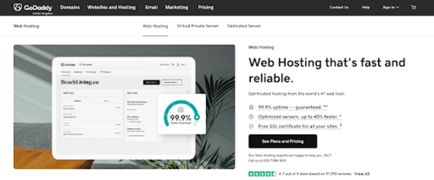 GoDaddy web hosting page