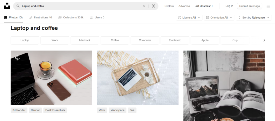 Screenshot of stock photos on unsplash showing laptops and coffee