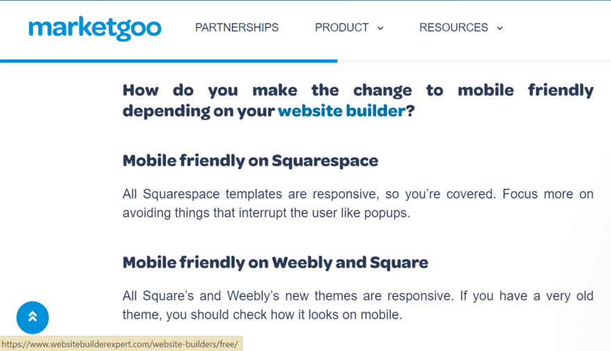 Marketgoo article page showing a backlink to Website Builder Expert