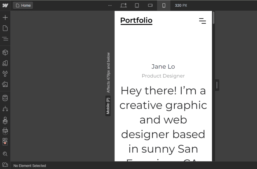 Mobile view in Webflow's website editor