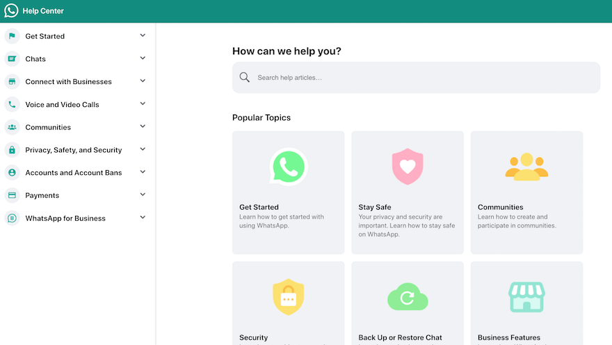 WhatsApp FAQ page example screenshot