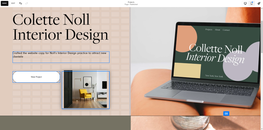 Screenshot of Colette Noll's Interior Design website showcasing portfolio and services.