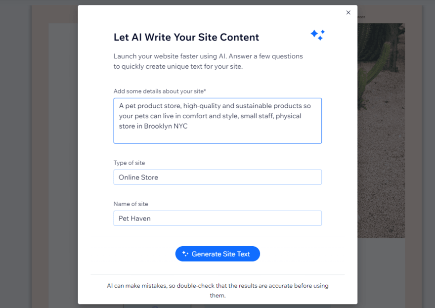 Pop up prompt box for AI-generated site content