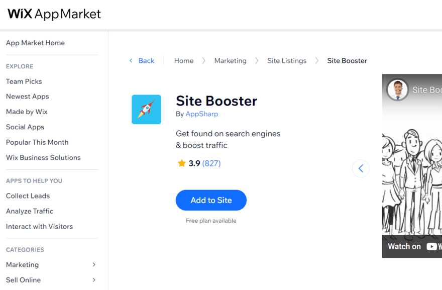 Wix app market showing a page for the app: Site Booster