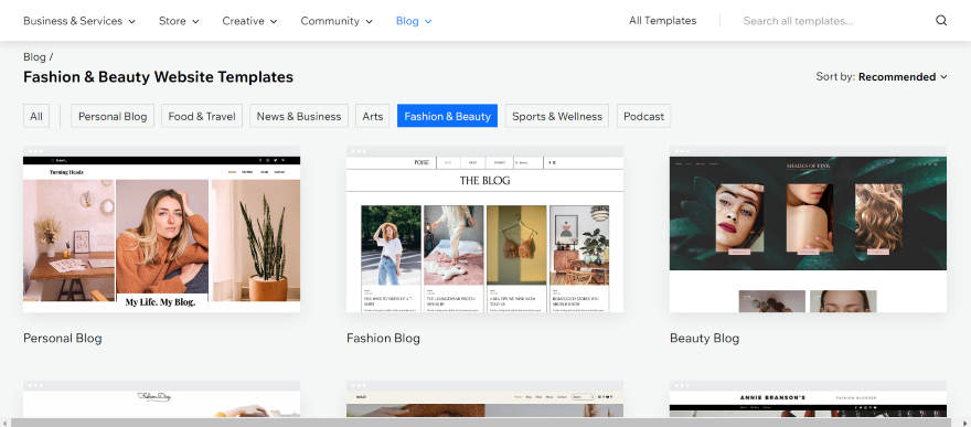 Screenshot of Wix Fashion and Beauty Website Templates page showing a selection of blog design options.
