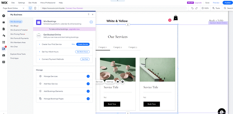 a screenshot of the Wix editor showing booking settings with placeholder images of stairs and a tea set