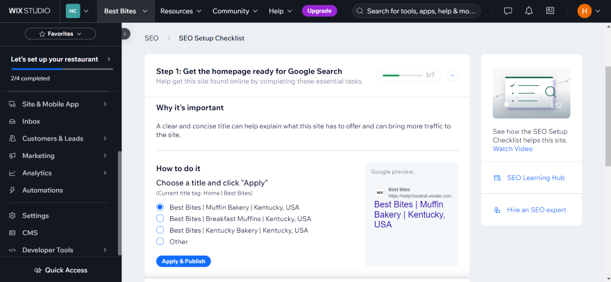 Step-by-step SEO setup checklist on a WIX dashboard screen, illustrating how to optimize meta titles for Google Search.