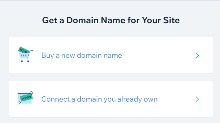 Wix domain settings to get a domain name for your site with two options in boxes: buy a new domain name or connect a domain name you already own