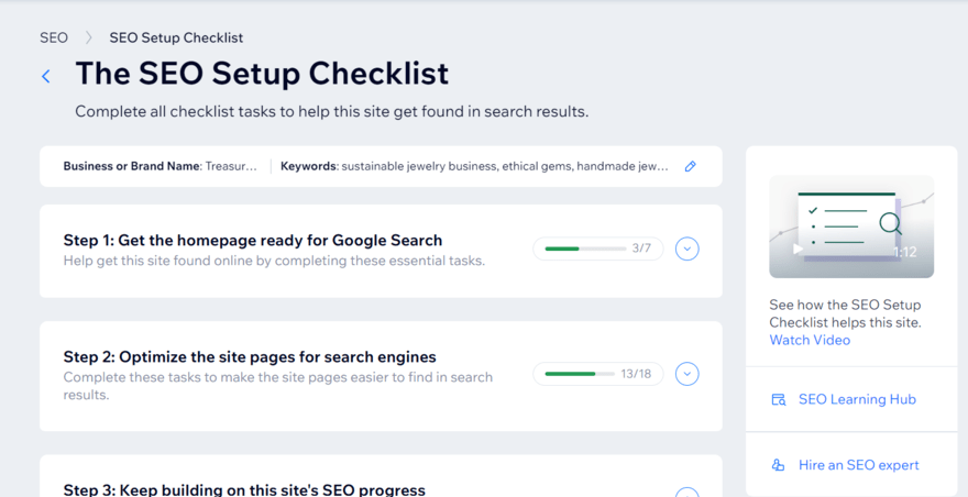 Wix SEO setup checklist personalized to our test jewelry website