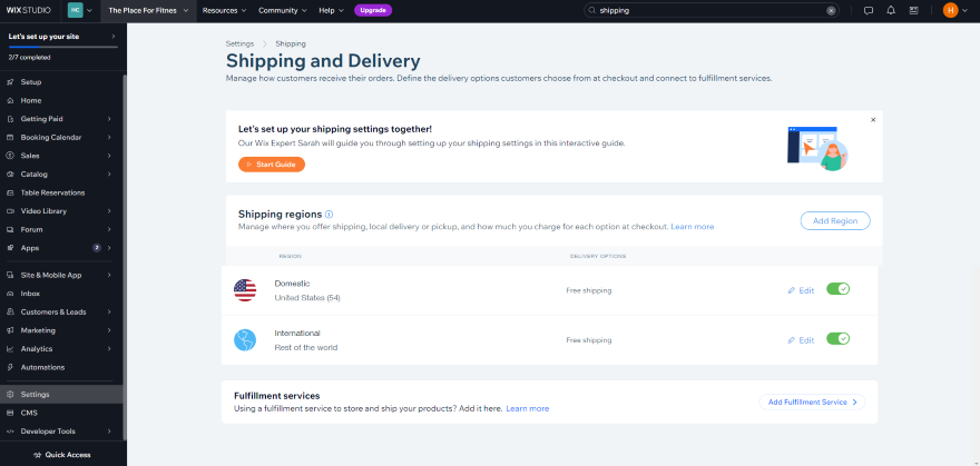 Screenshot of Wix's Shipping and Delivery section of the dashboard.