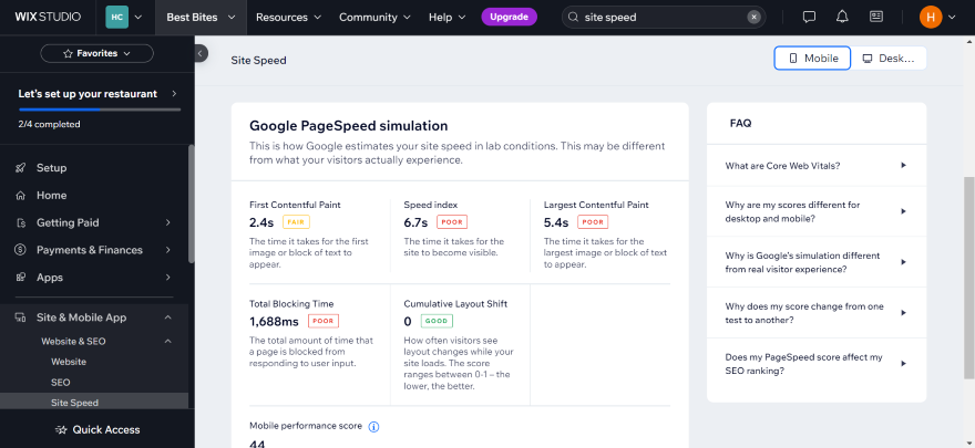 Screenshot showing Google PageSpeed simulation with performance metrics on the Wix Studio dashboard.