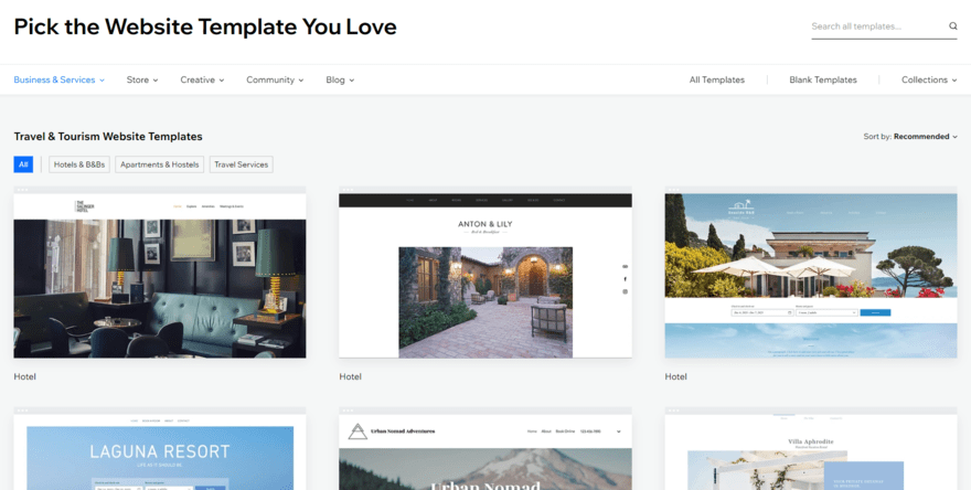 Wix's template library showing travel-related themes