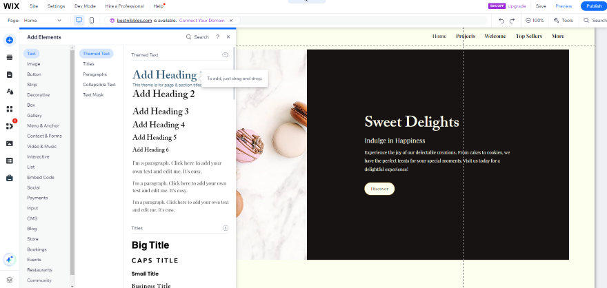 Screenshot of Wix's website builder with an example of headings and text sizes.