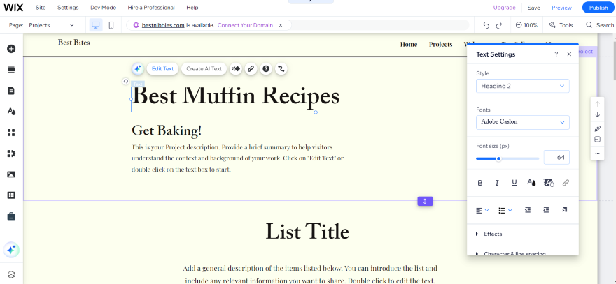 A screenshot showcasing how to customize headings in the Wix Editor, with an example of 'Best Muffin Recipes' heading.