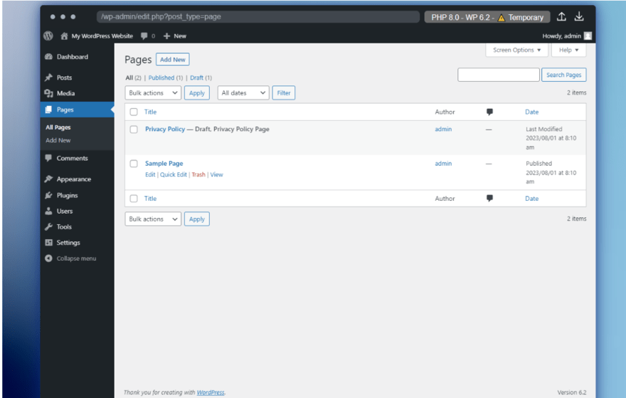 WordPress backend dashboard