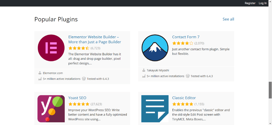 Four popular plugins showign in the WordPress plugin directory