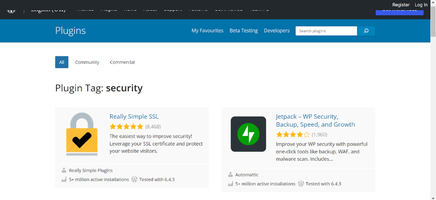 Two WordPress security plugins in the plgin directory - Realy Simple SSL and Jetpack WP Security