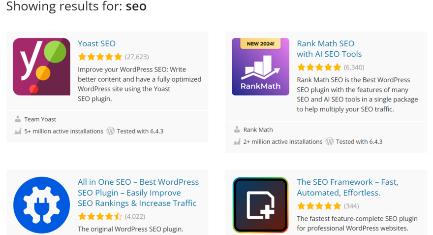 Plugin results on WordPress for search term "SEO"