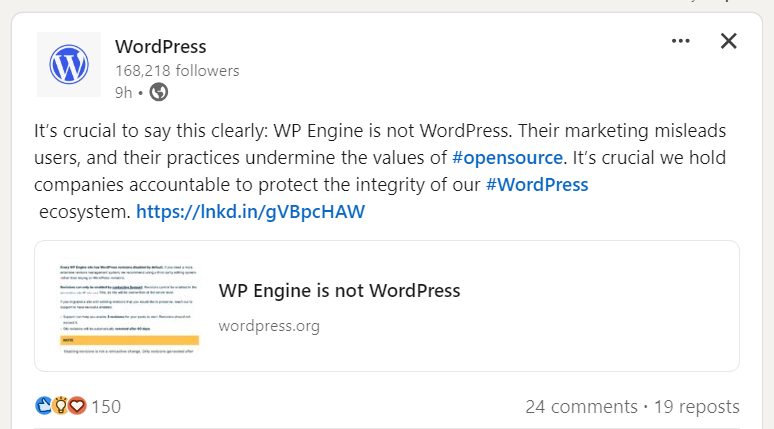 LinkedIn post by WordPress sharing a blog post called "WP Engine is not WordPress"