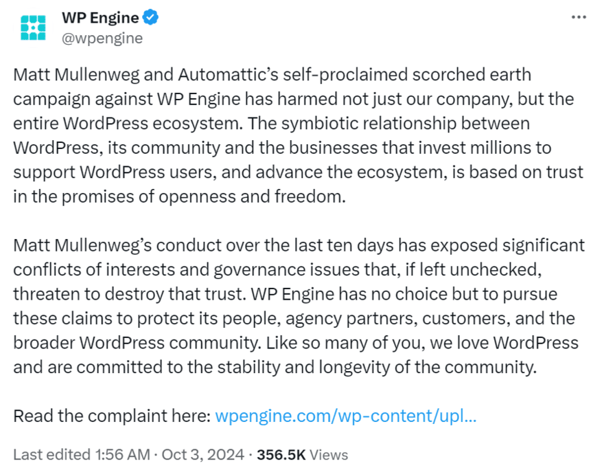 WP Engine post on X about Matt Mullenweg's actions against the company